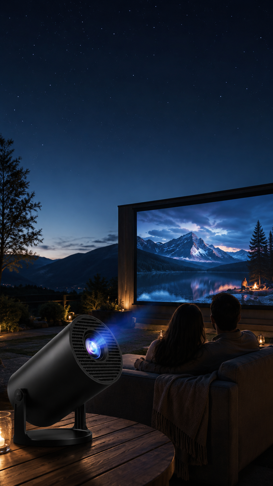 VantaBeam projector creating an outdoor cinema at night with a couple watching a mountain scene
